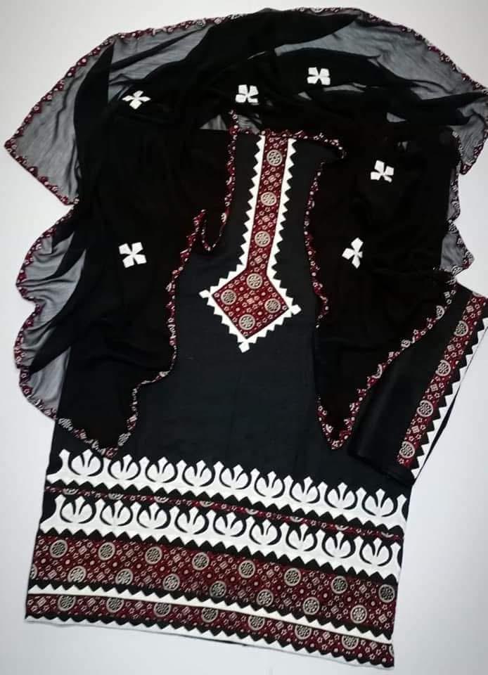 Black Ajrak Applic Handmade 3pc Dress 👗