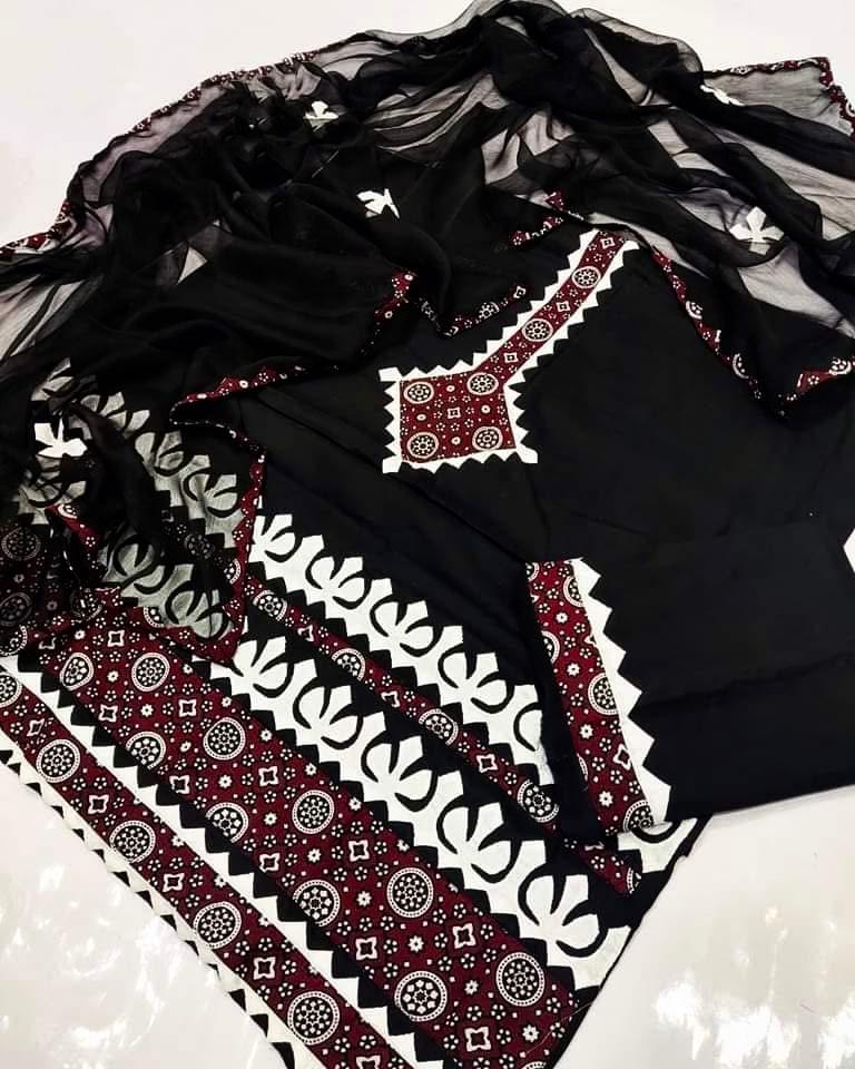 Black Ajrak Applic Handmade 3pc Dress 👗