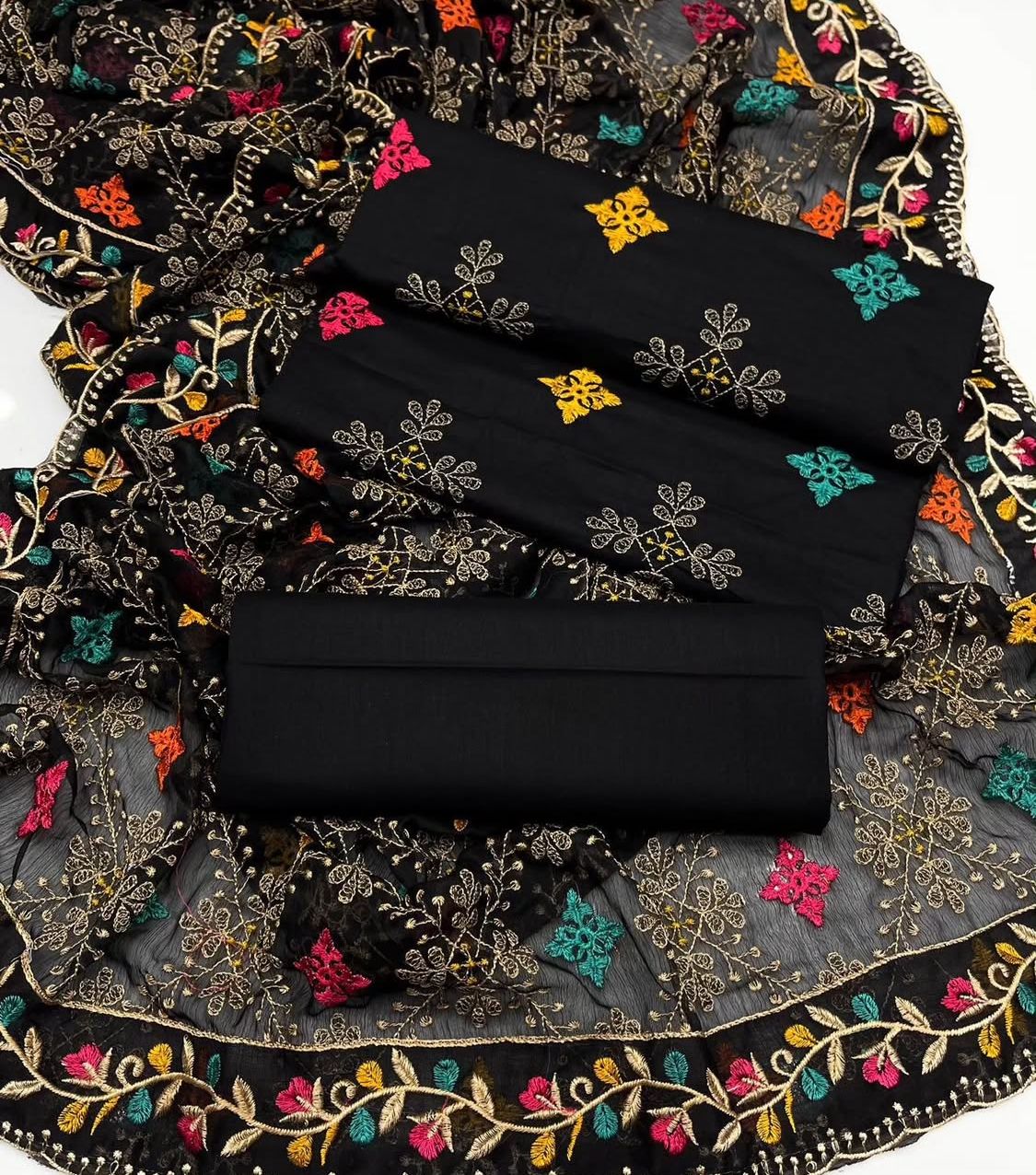 Black Multi Flower Embroidered 3pc Unstitch Dress