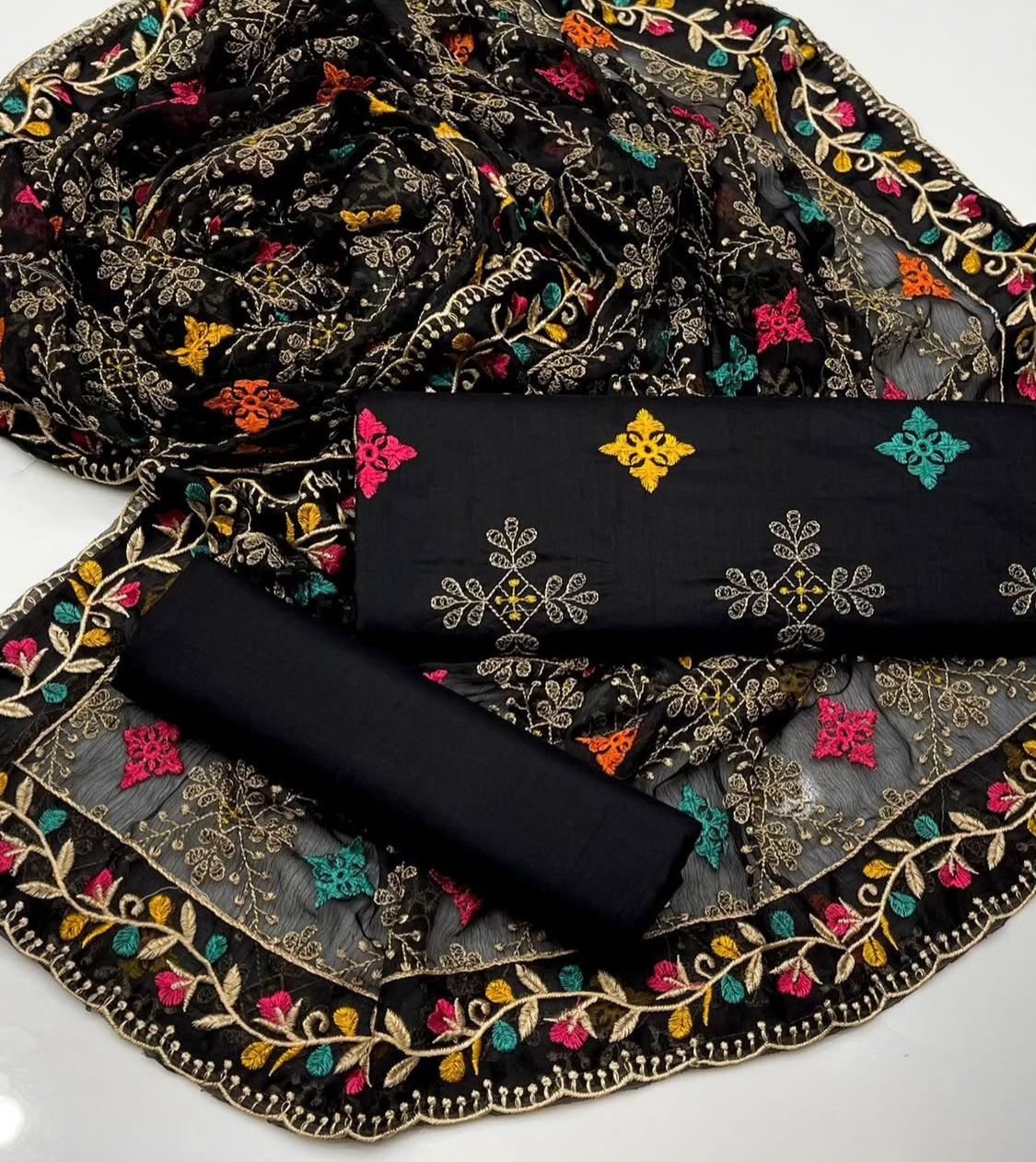 Black Multi Flower Embroidered 3pc Unstitch Dress