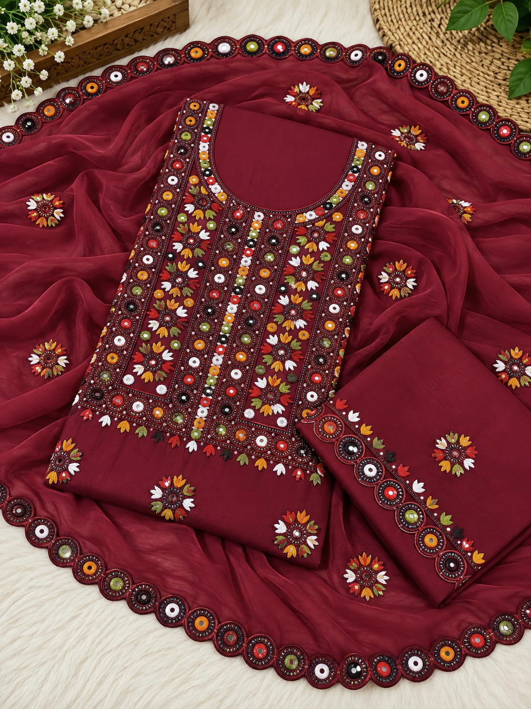 Multi Balochi Thick Thread Sitara Embroidered Soft Cotton with Cutwork Border Chiffon Dupatta - 3PC Unstitched Dress 👗