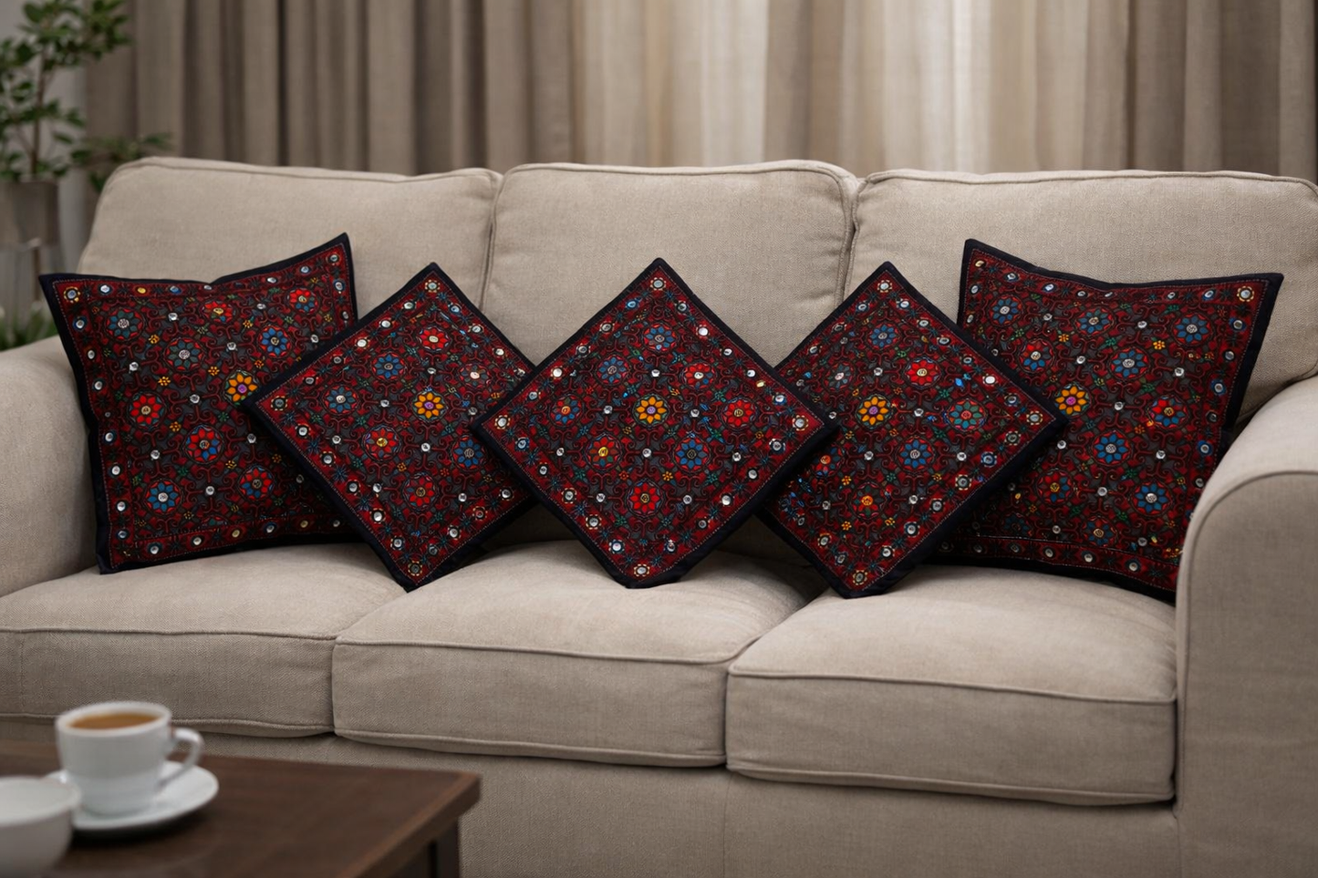 Traditional Embroidered Cushion Cover Set (5 Pieces) – 16x16 Inches