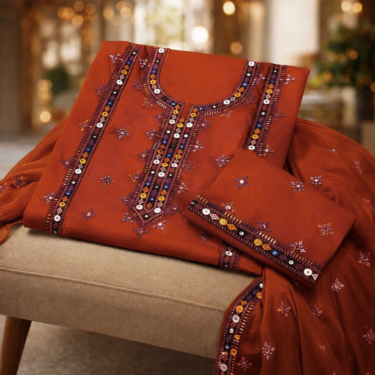 Balochi Gala Bail Daman 9MM Sitara Thick Thread Embroidered Lawn Cotton with Chiffon Dupatta - 3PC Unstitch Dress 👗