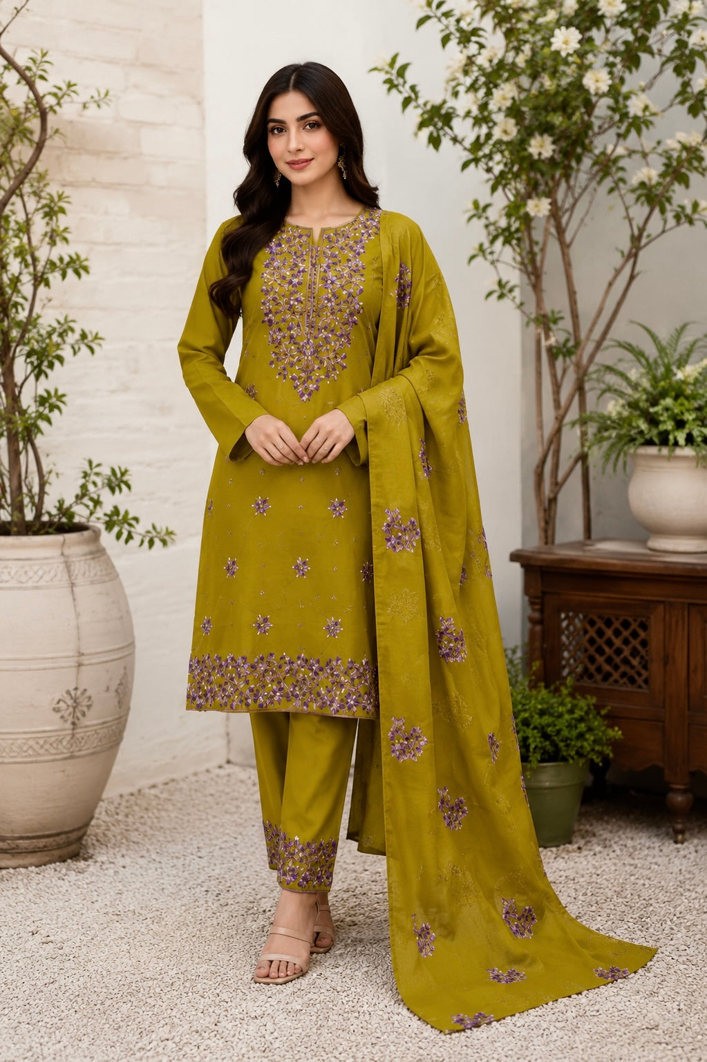 3MM Sitara Two-Tone Thick Thread Machine Embroidered Soft Cotton with Chiffon Dupatta - 3PC Unstitch Dress 👗