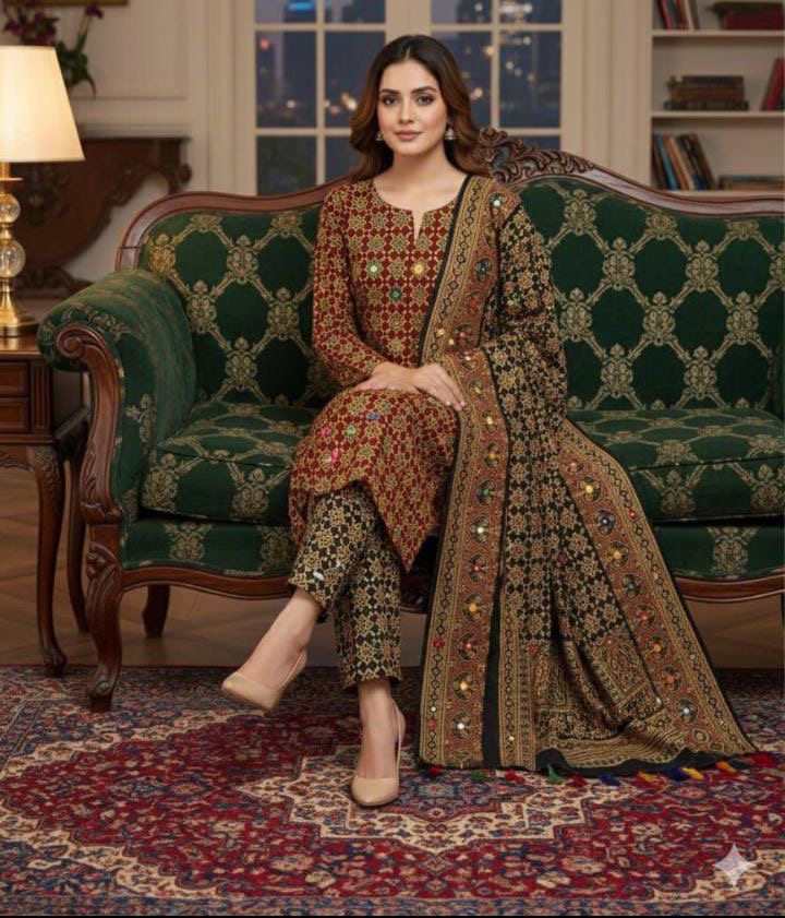 Ajrak Block Print Cotton 3-Piece Suit with Multi Sitara Foil Work – Hand-Dyed Traditional Elegance