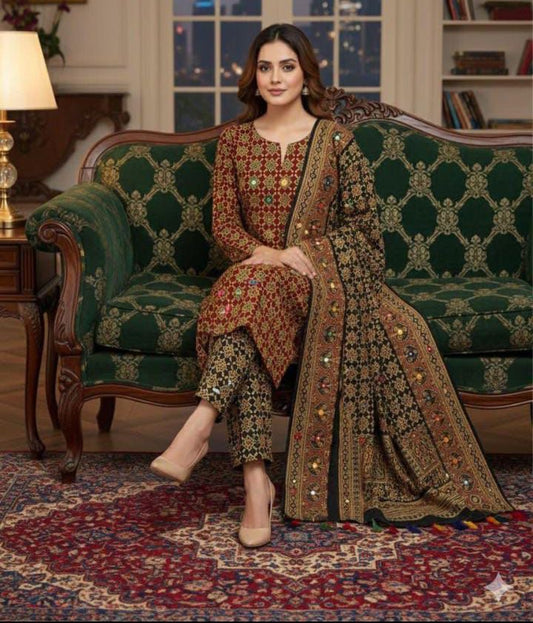 Ajrak Block Print Cotton 3-Piece Suit with Multi Sitara Foil Work – Hand-Dyed Traditional Elegance