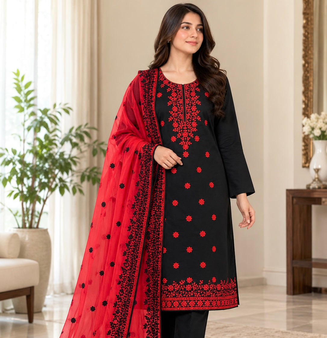 Computer Flower Patti Applique Embroidered Soft Cotton Shirt & Trouser with Contrast Chiffon Dupatta - 3 Piece Unstitched Suit