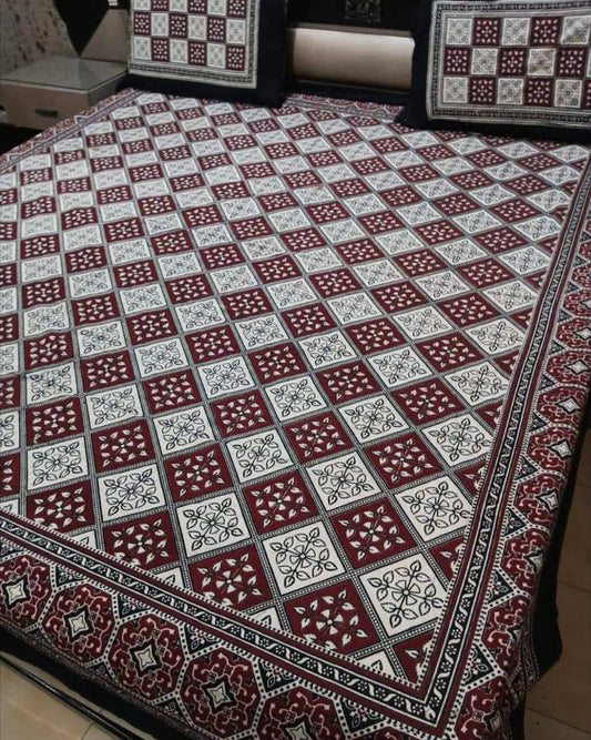 King Size Ajrak Block Hand Print Cotton Stuff Bedsheet Set with 2 Unstitched Pillow Covers
