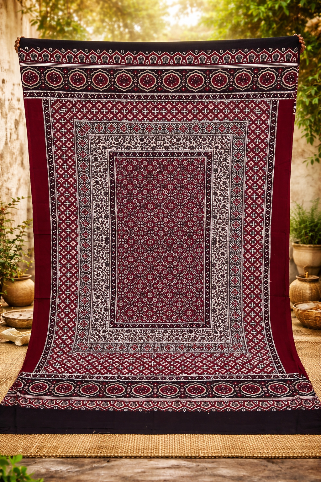Traditional Sindhi Ajrak – Premium Handmade Block Print Soft Cotton    Shawl (King Size)