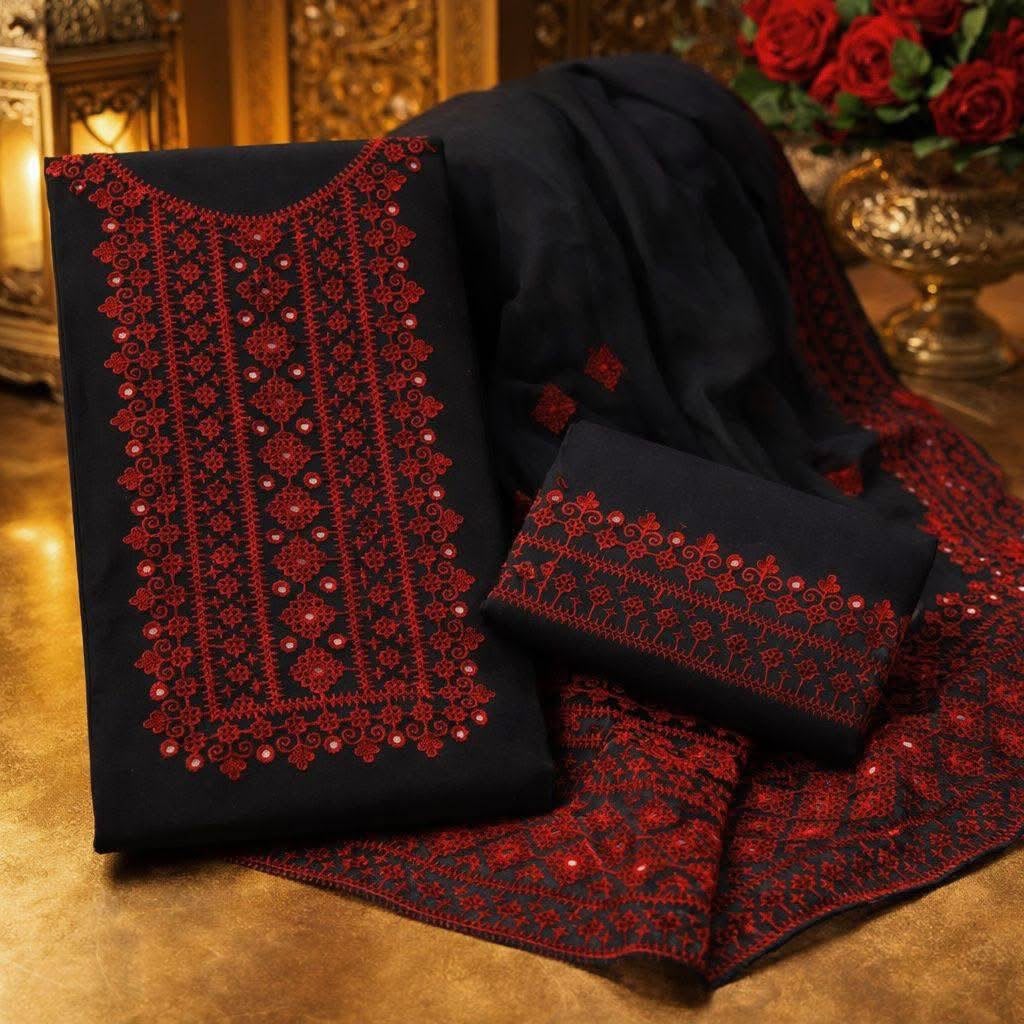 Hurmucha Machine Work & Sitara Foil Detailing Embroidered Soft Cotton with Chiffon Dupatta – 3PC Unstitch Dress 👗