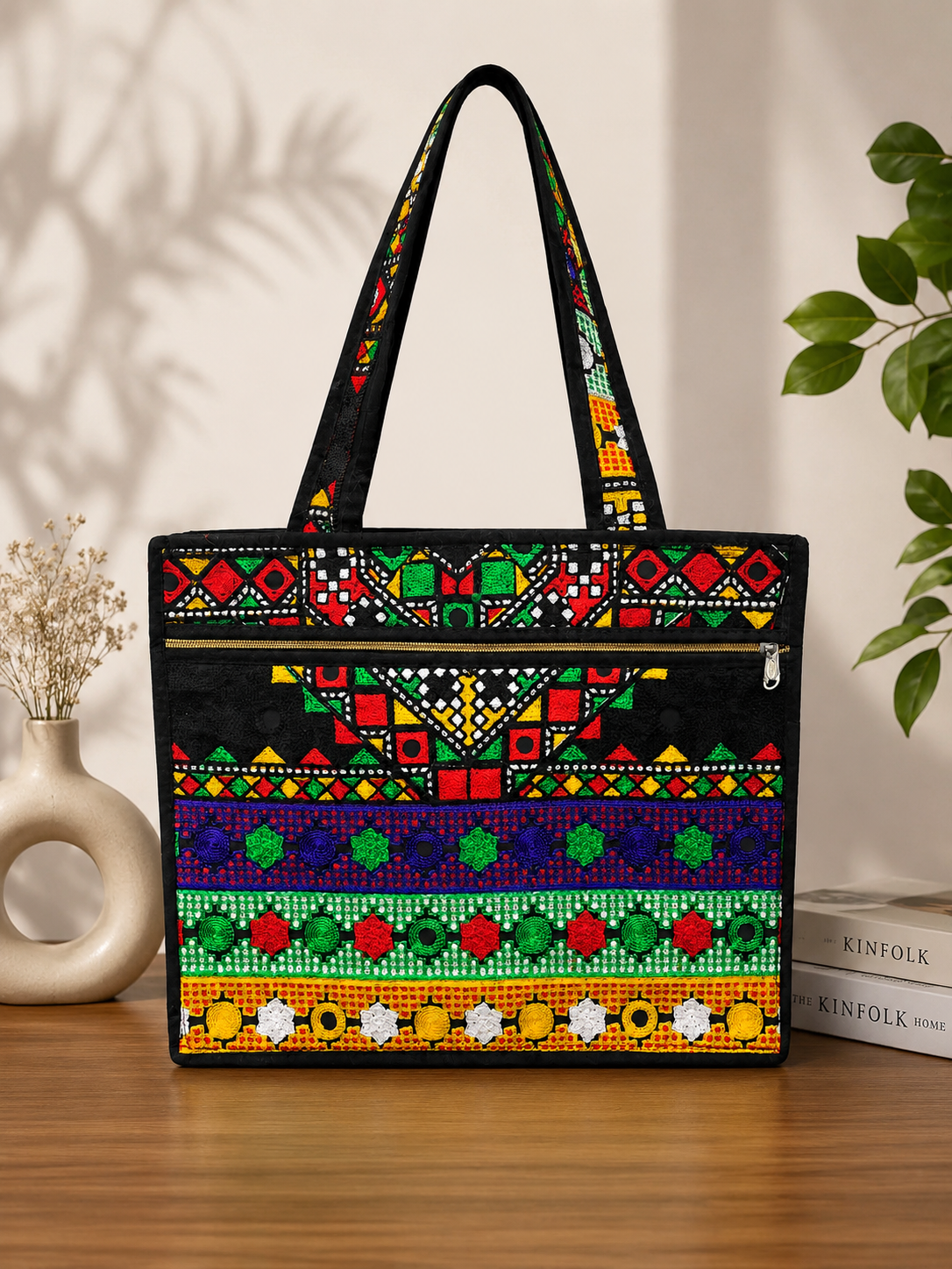 Multi Full Arri Embroidered Velvet Fabric Traditional Handbag with Top & Front Zip