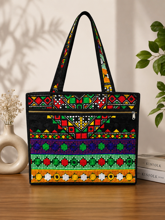 Multi Full Arri Embroidered Velvet Fabric Traditional Handbag with Top & Front Zip