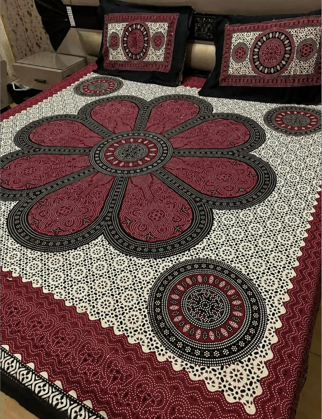 King Size Ajrak Block Hand Print Cotton Stuff Bedsheet Set with 2 Unstitched Pillow Covers