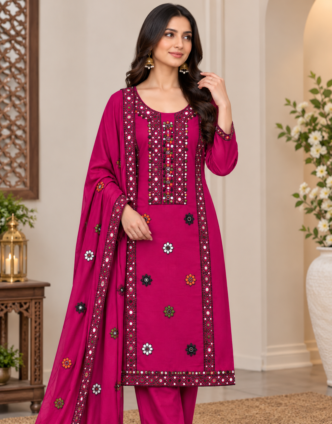 Balochi Multi Thick Thread & 9MM Sitara Heavy Embroidered Soft Cotton Shirt & Trouser with Chiffon Dupatta | 3PC Unstitched Dress 👗