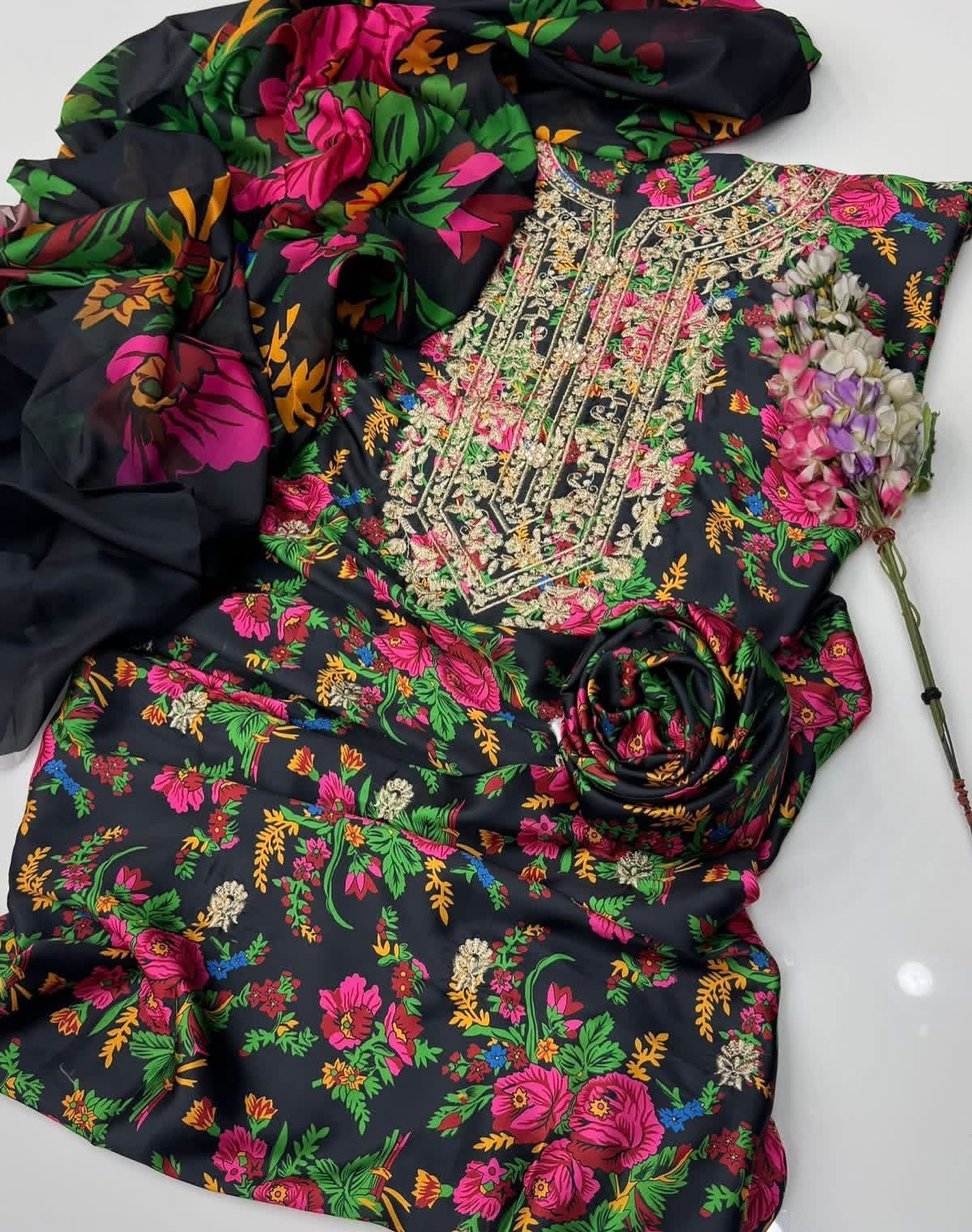 Premium Shamose Silk 3-Piece Zari Neck Embroidered Suit