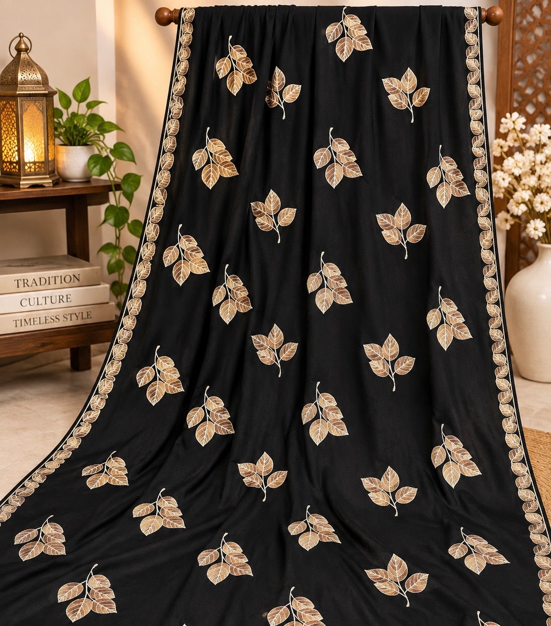 Premium Linen Chadar with Resham Embroidery | Leaf Motif | Double Side Border