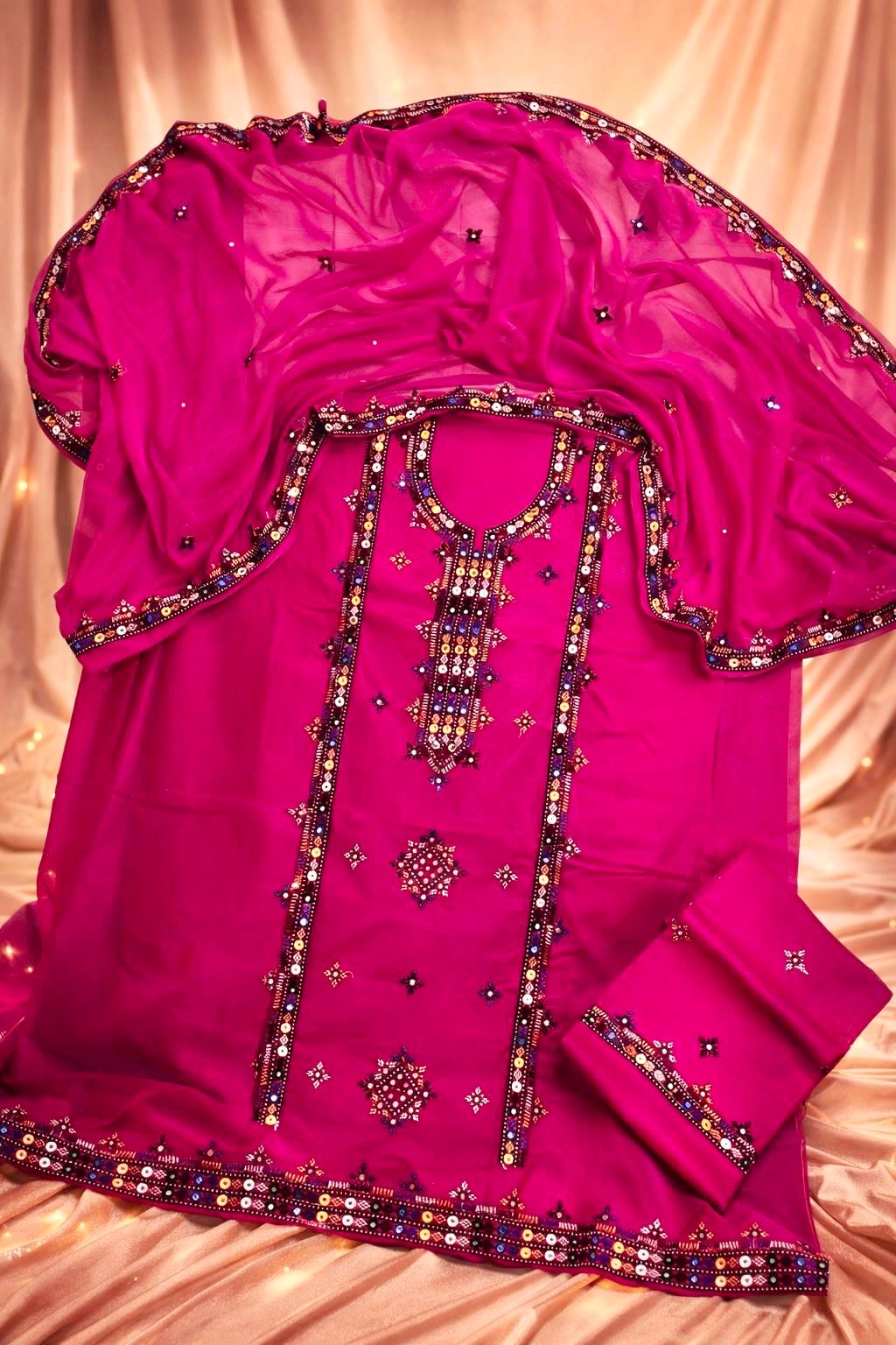 Balochi Gala Bail Daman 9MM Sitara Thick Thread Embroidered Lawn Cotton with Chiffon Dupatta - 3PC Unstitch Dress 👗