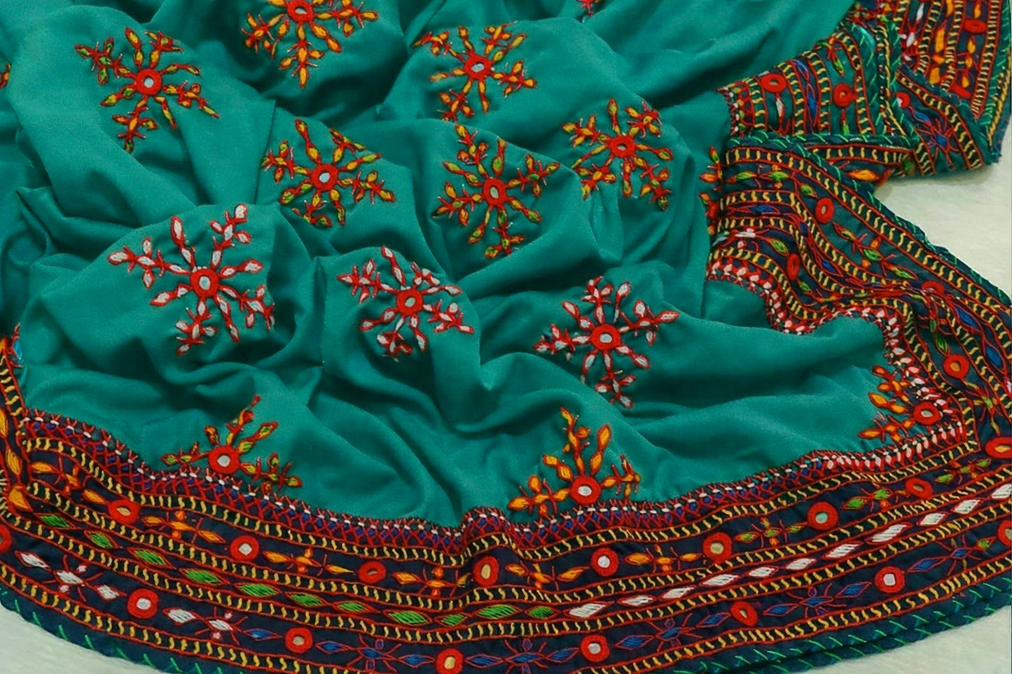 Handmade Traditional Balochi Chadar – Swiss Voile with Original Mirror Work & Double Border (All Four Sides)