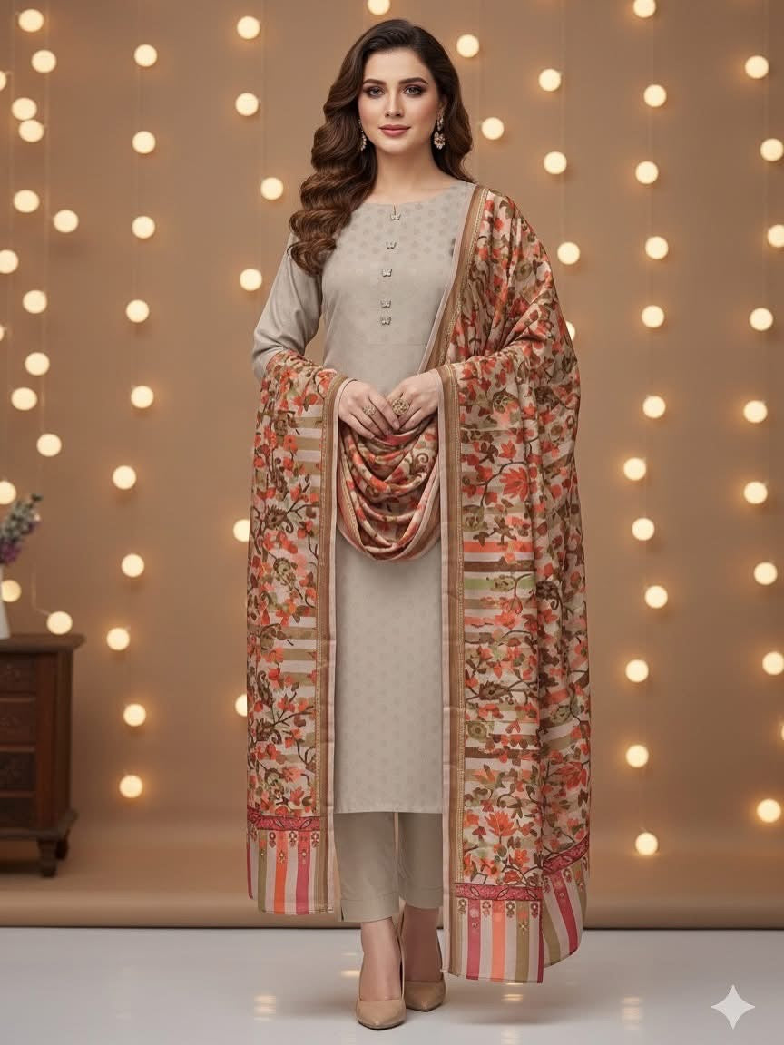 Luxury Jacquard Marina Dhanak 3 Piece Winter Suit with Digital Print Kalamkari Pashmina Shawl