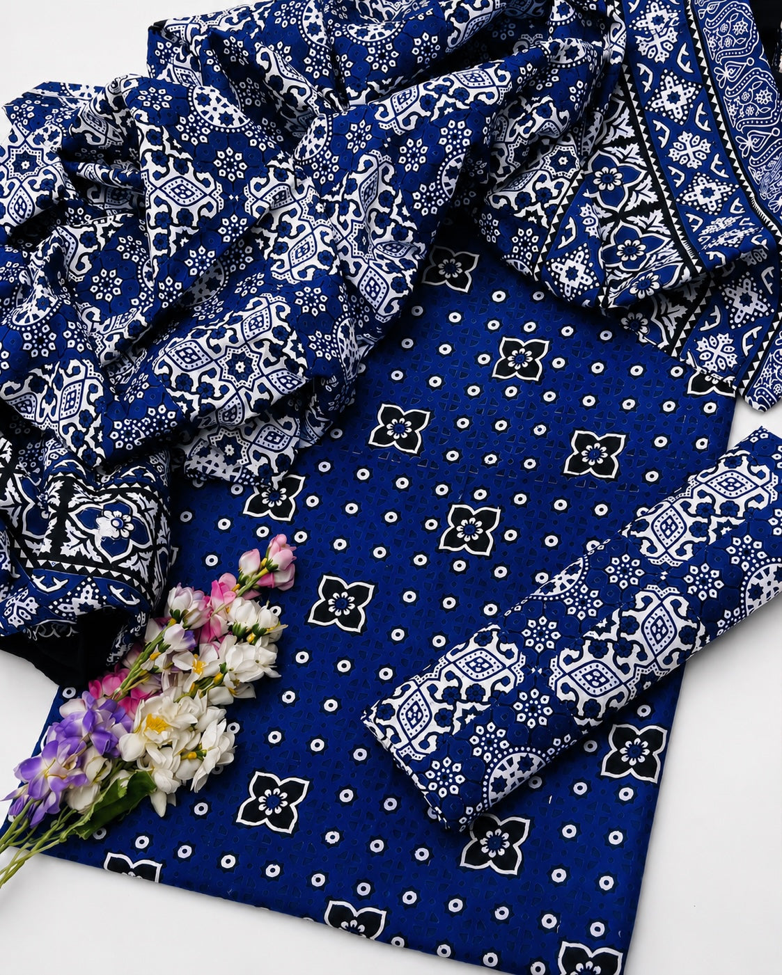 Hand Block Print Ajrak Cotton Unstitched 3-Piece Suit | All-Season Wear