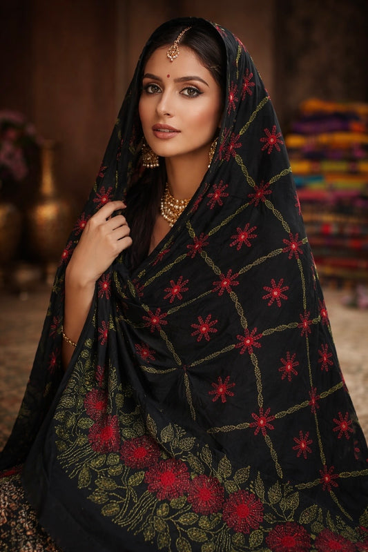 Handmade Korean Georgette – Original Mirror Work & Full Jaal Kacha Tanka Floral Embroidery Chadar