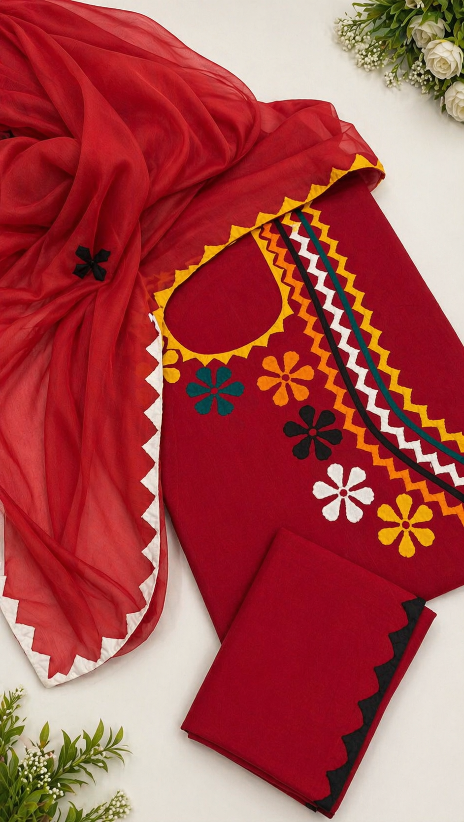 Angrakha Neck Style Multi Applique Work Handmade Lawn Cotton with Chiffon Dupatta - 3PC Unstitch Dress 👗