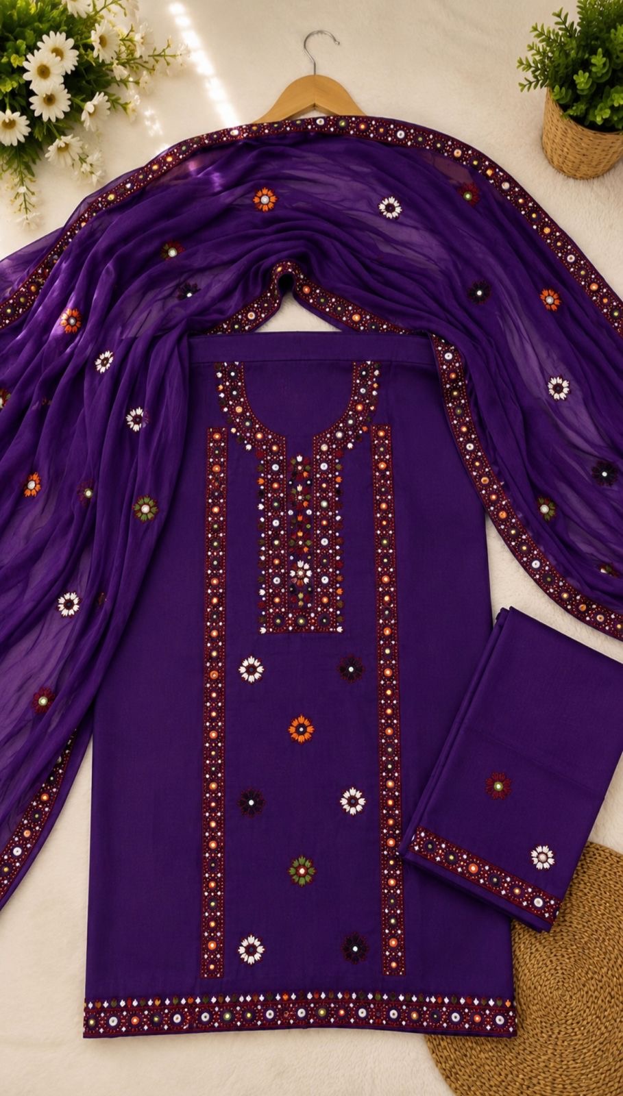 Balochi Multi Thick Thread & 9MM Sitara Heavy Embroidered Soft Cotton Shirt & Trouser with Chiffon Dupatta | 3PC Unstitched Dress 👗
