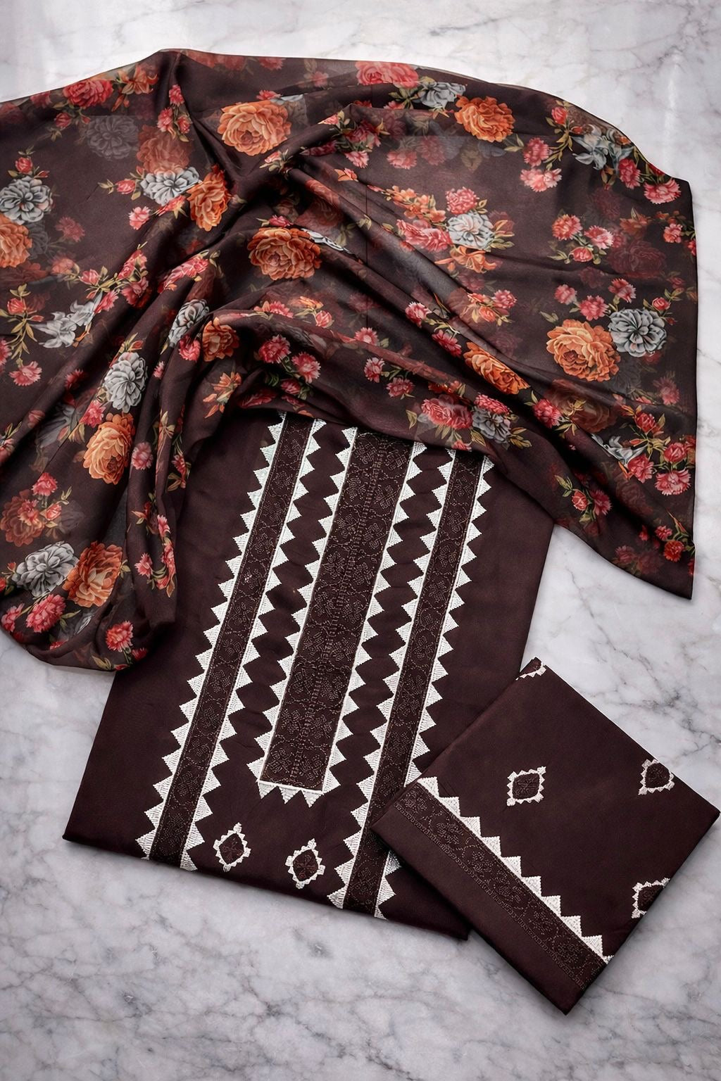 Computer Applique Embroidered Lawn Cotton Shirt & Trouser with Digital Print Floral Chiffon Dupatta - 3PC Unsticth Dress 👗