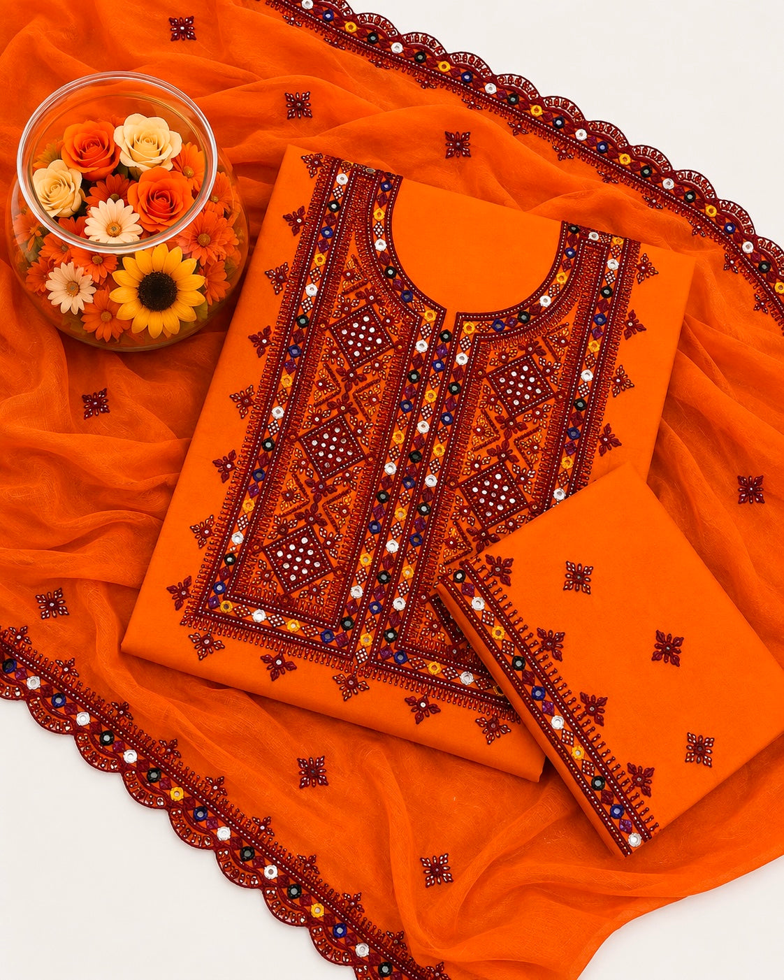Balochi Thick Thread 9MM Sitara Work Machine Embroidered Soft Cotton with Two Side Cutwork Border Chiffon Dupatta - 3PC Unstitched Dress 👗