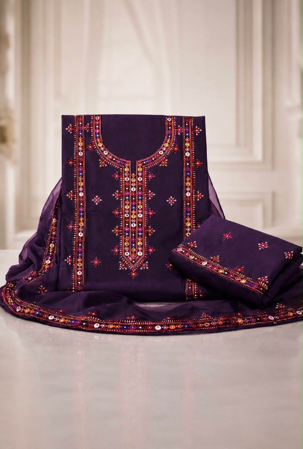 Balochi Gala Bail Daman 9MM Sitara Thick Thread Embroidered Lawn Cotton with Chiffon Dupatta - 3PC Unstitch Dress 👗