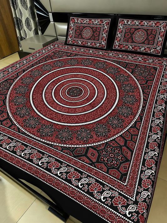 King Size Ajrak Block Hand Print Cotton Stuff Bedsheet Set with 2 Unstitched Pillow Covers