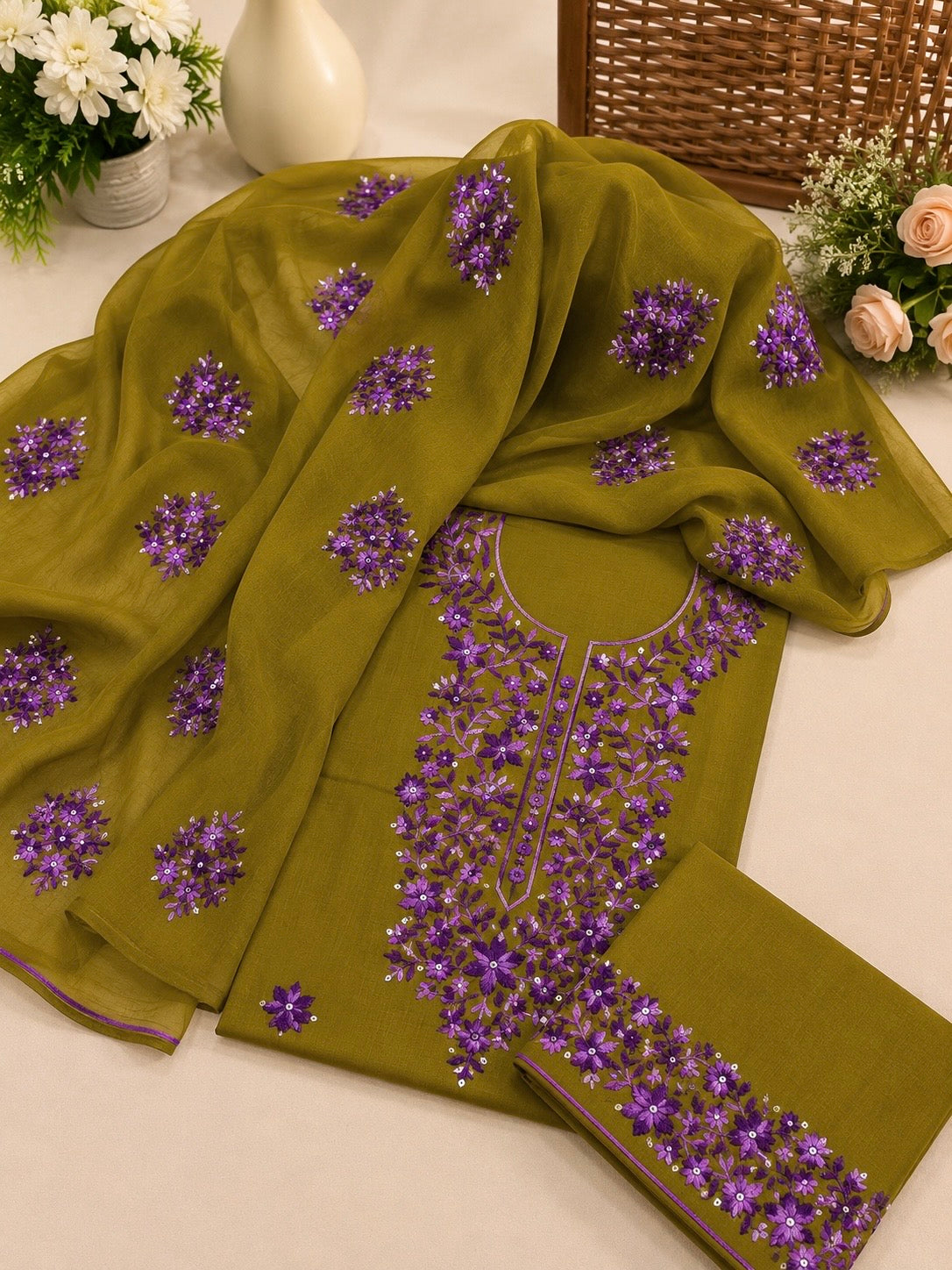 3MM Sitara Two-Tone Thick Thread Machine Embroidered Soft Cotton with Chiffon Dupatta - 3PC Unstitch Dress 👗