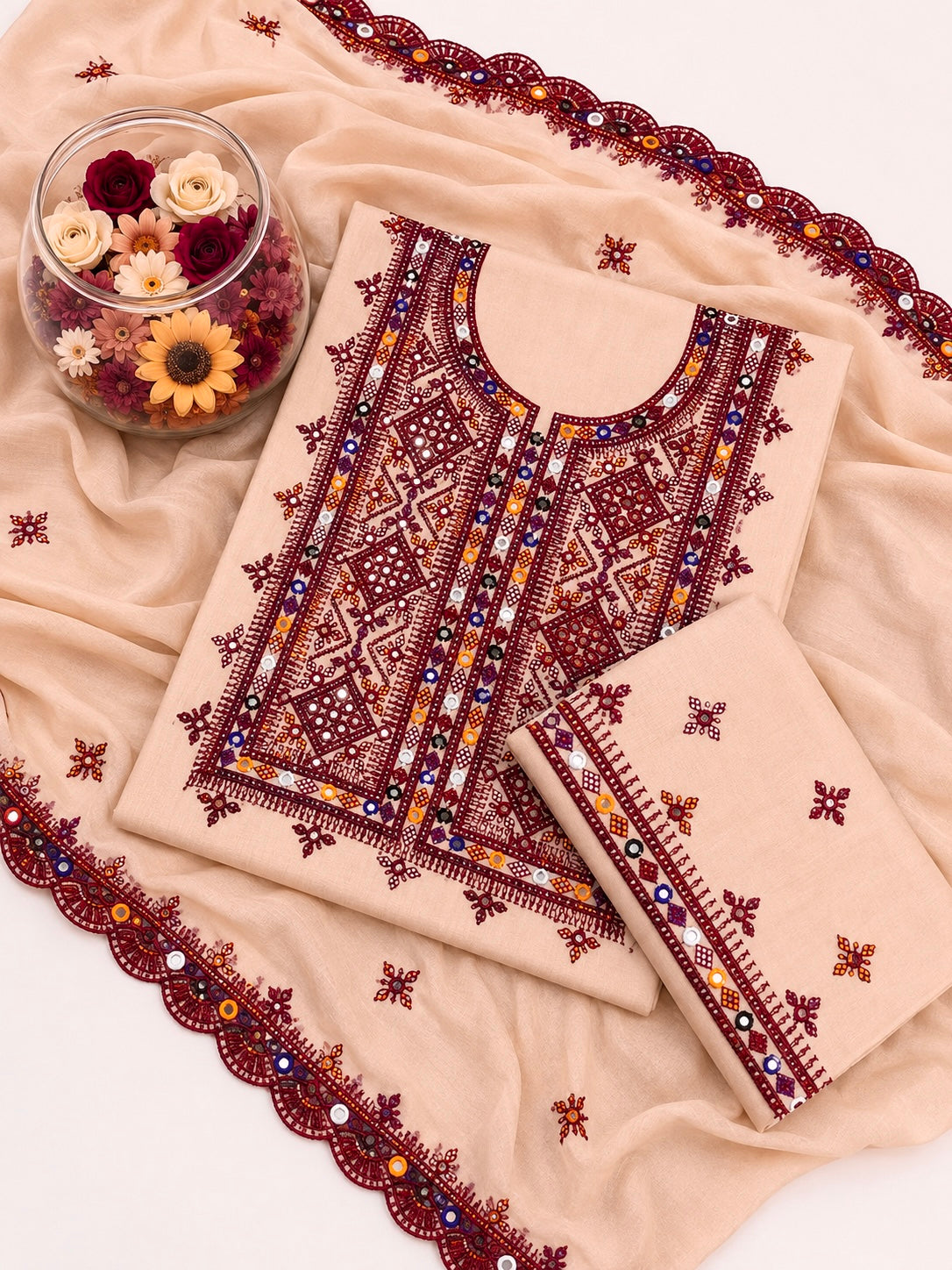Balochi Thick Thread 9MM Sitara Work Machine Embroidered Soft Cotton with Two Side Cutwork Border Chiffon Dupatta - 3PC Unstitched Dress 👗