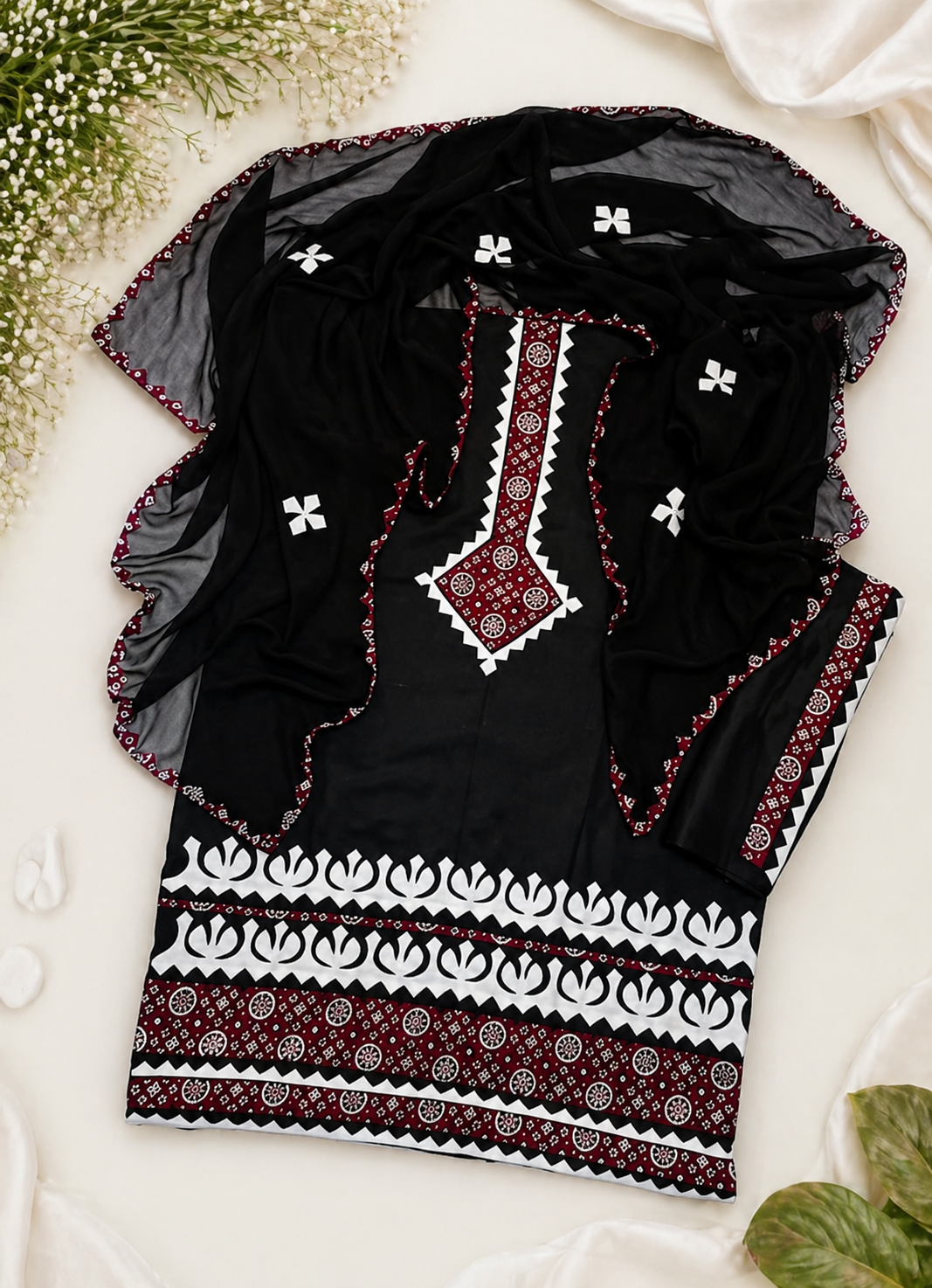 Ajrak Applic Handmade Lawn Cotton with Chiffon Dupatta – 3PC Unstitched Dress 👗