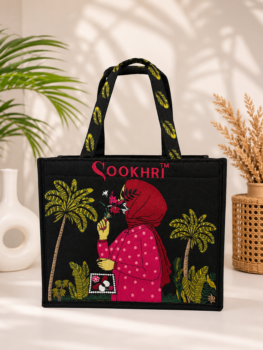 Sookhri Handcrafted Embroidered Jute Tote Bag for Women | Eco-Friendly Shopping & Everyday Handbag (15 Inches Length | 11.5 Inches Width)