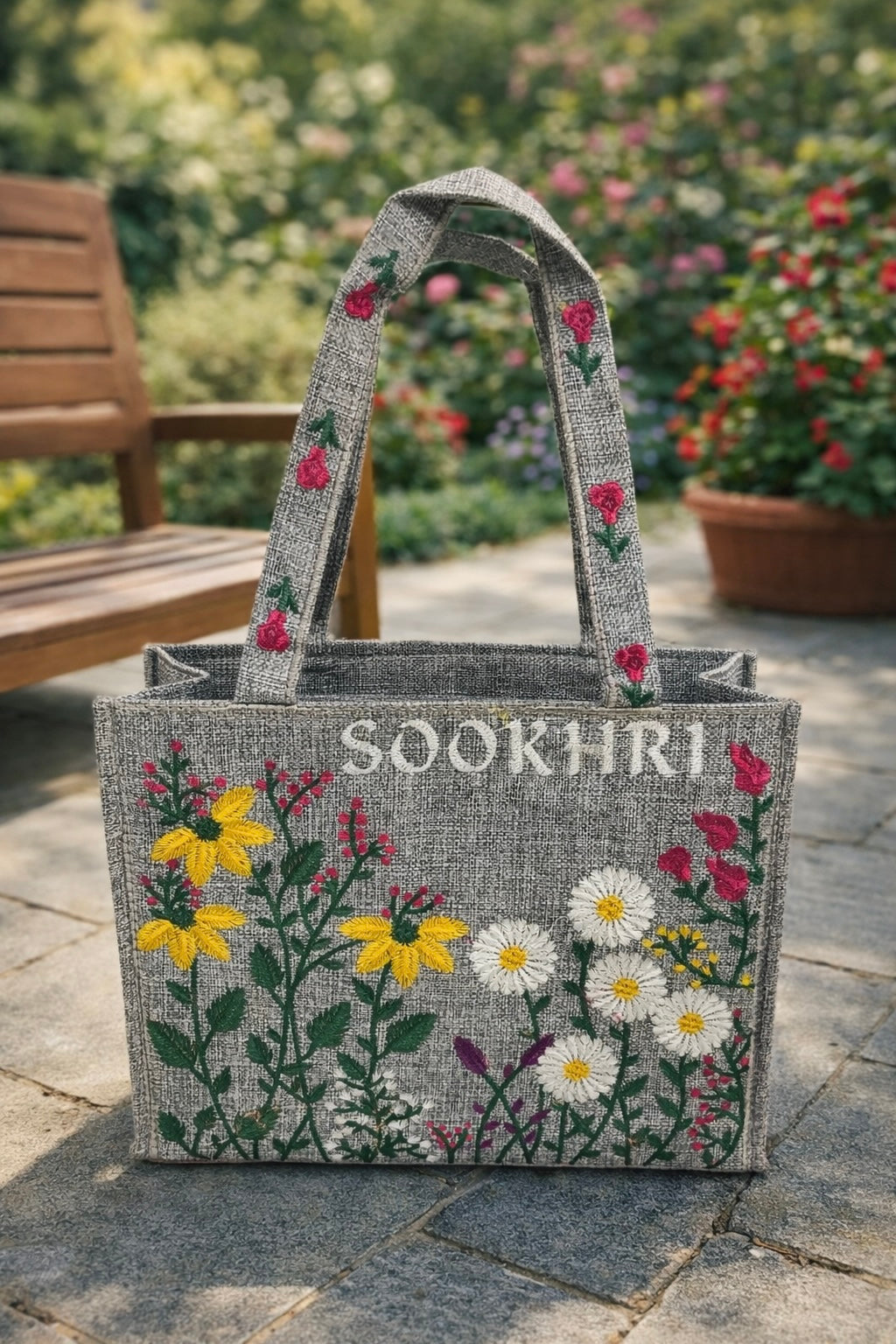 Floral Embroidered Jute Fabric Tote Bag – Medium Size