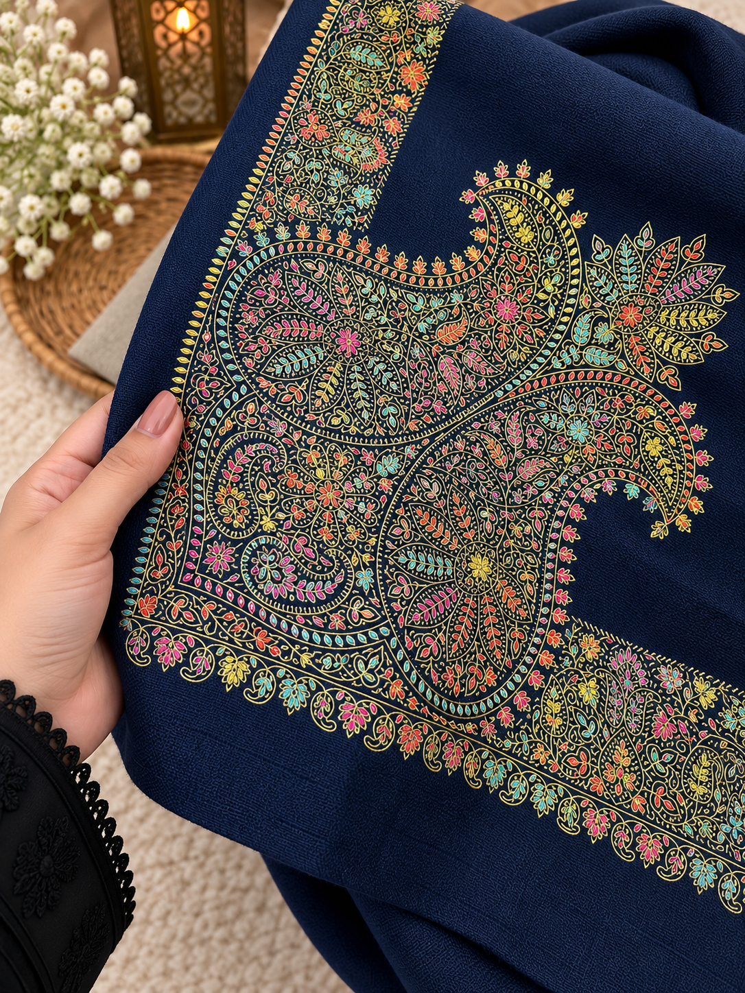 Original Pashmina Handmade Kachna Tanka Embroidery with Four Side Border - Shawl