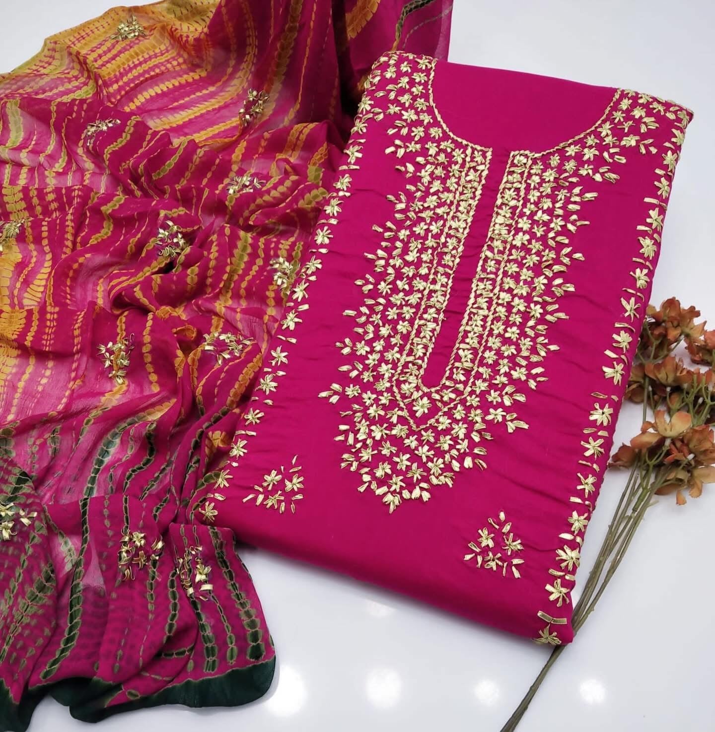 Gotta Work Handmade Lawn Stuff with Chiffon Tie-Dye Dupatta 3PC Unsticthed Dress