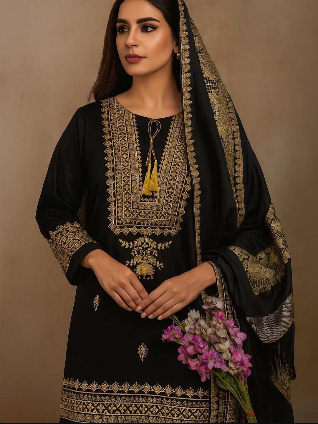 Winter Staple Soosi 3-Piece Suit | 3mm Sequence Embroidery with Jacquard Staple Soosi Shawl Dupatta