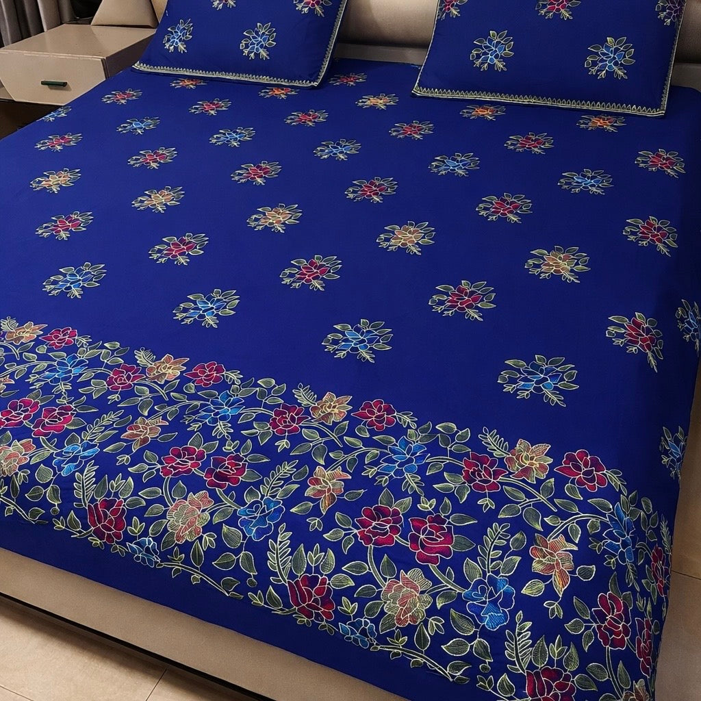 Premium Cotton King Size Multi Flower Jaal Embrodiery Double Bedsheet Set With 2 Stitched Pillow Covers