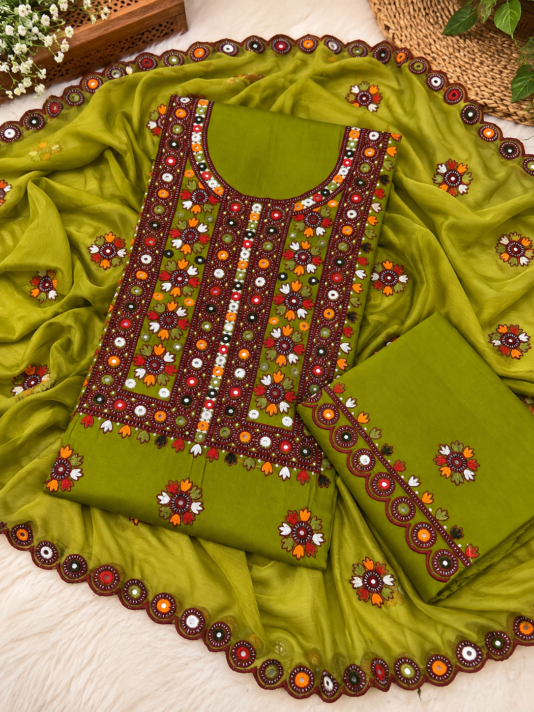 Multi Balochi Thick Thread Sitara Embroidered Soft Cotton with Cutwork Border Chiffon Dupatta - 3PC Unstitched Dress 👗
