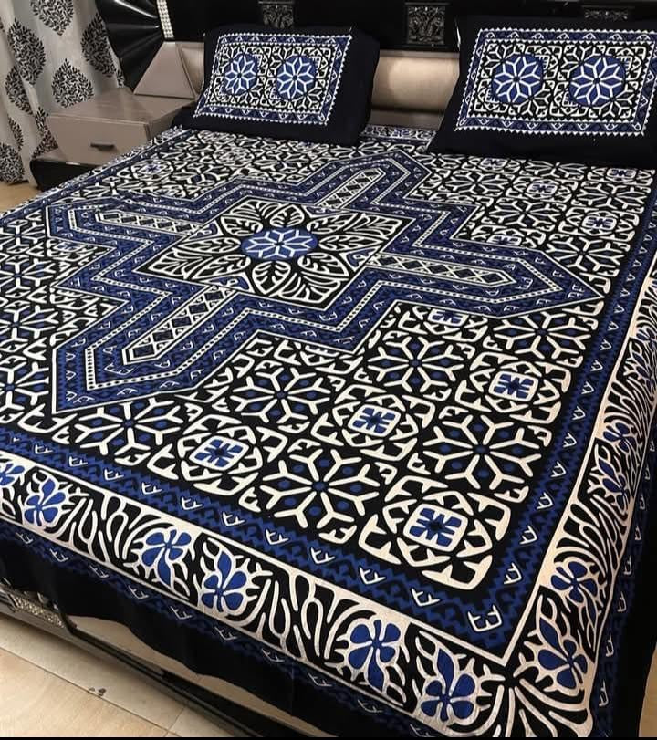 Ajrak Cotton King Size Block Print Bedsheet with 2 Unstitched Pillow Covers