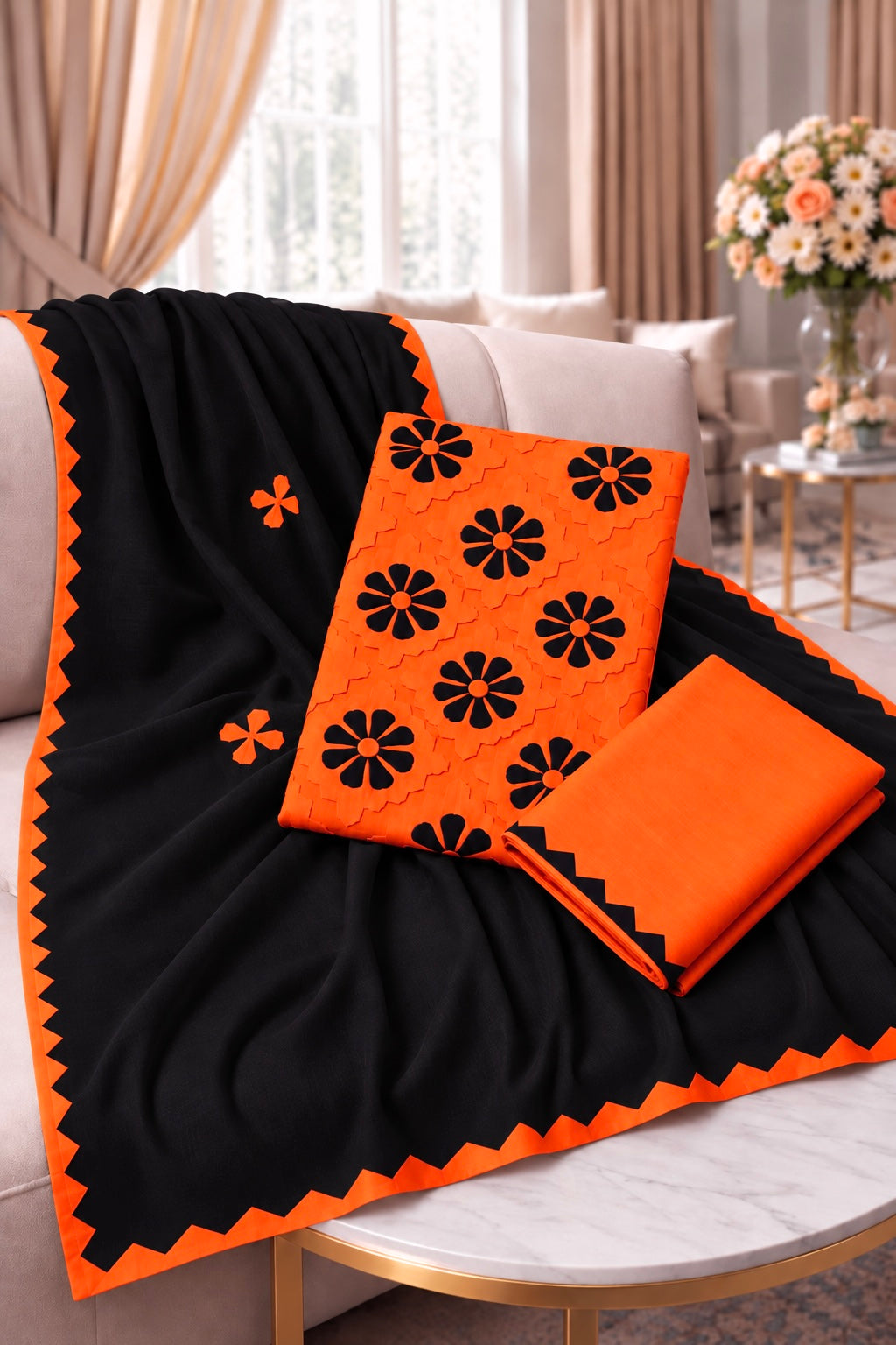 Handcrafted Soft Cotton Applique Work 3-Piece Unstitched Dress with Net Front Panel & Chiffon Dupatta