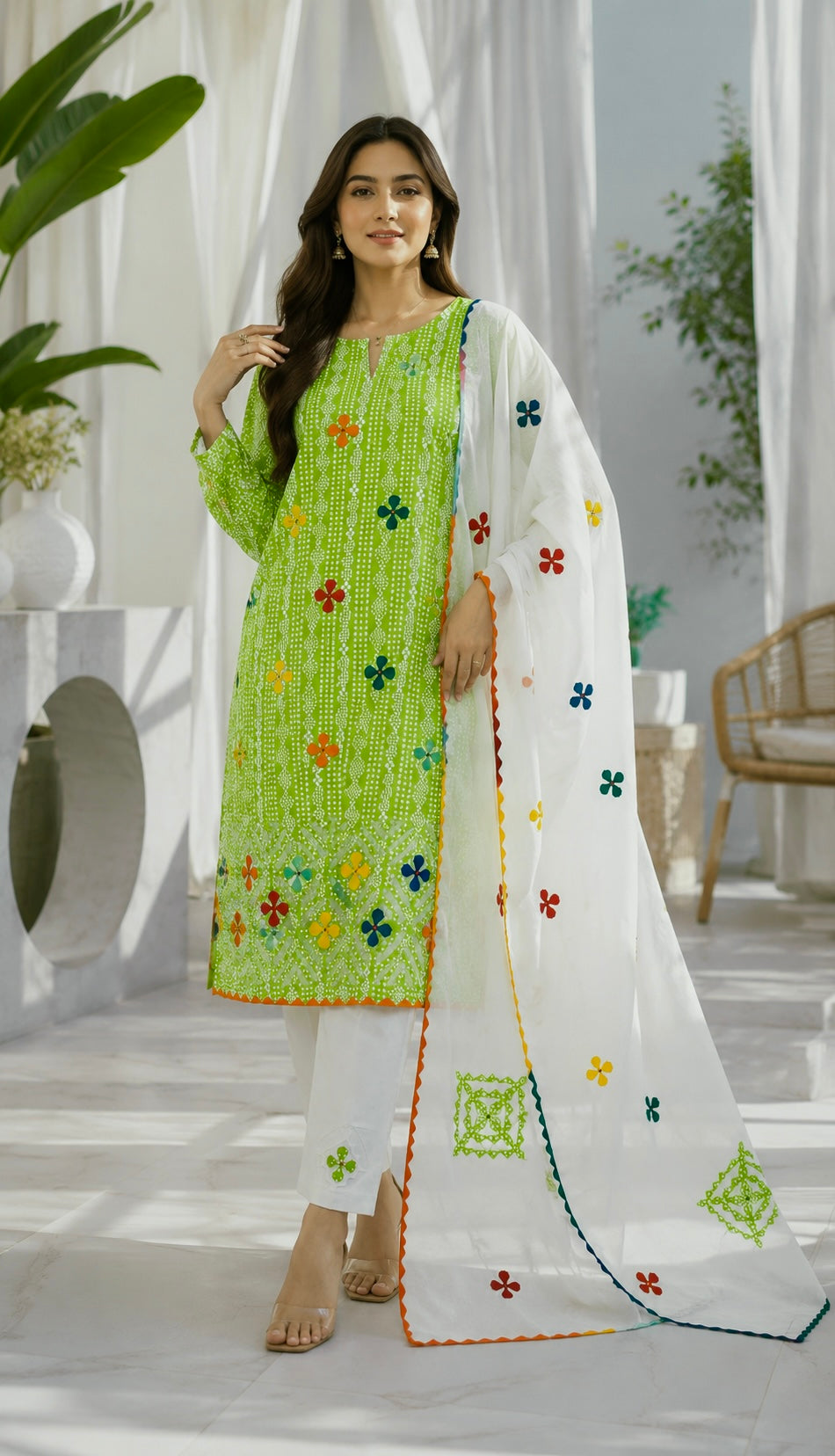 Digital Chunri Print Cotton Fabric Multi Applic Work Handmade with Chiffon Applic Work Dupatta - 3PC Unstitch Dress 👗