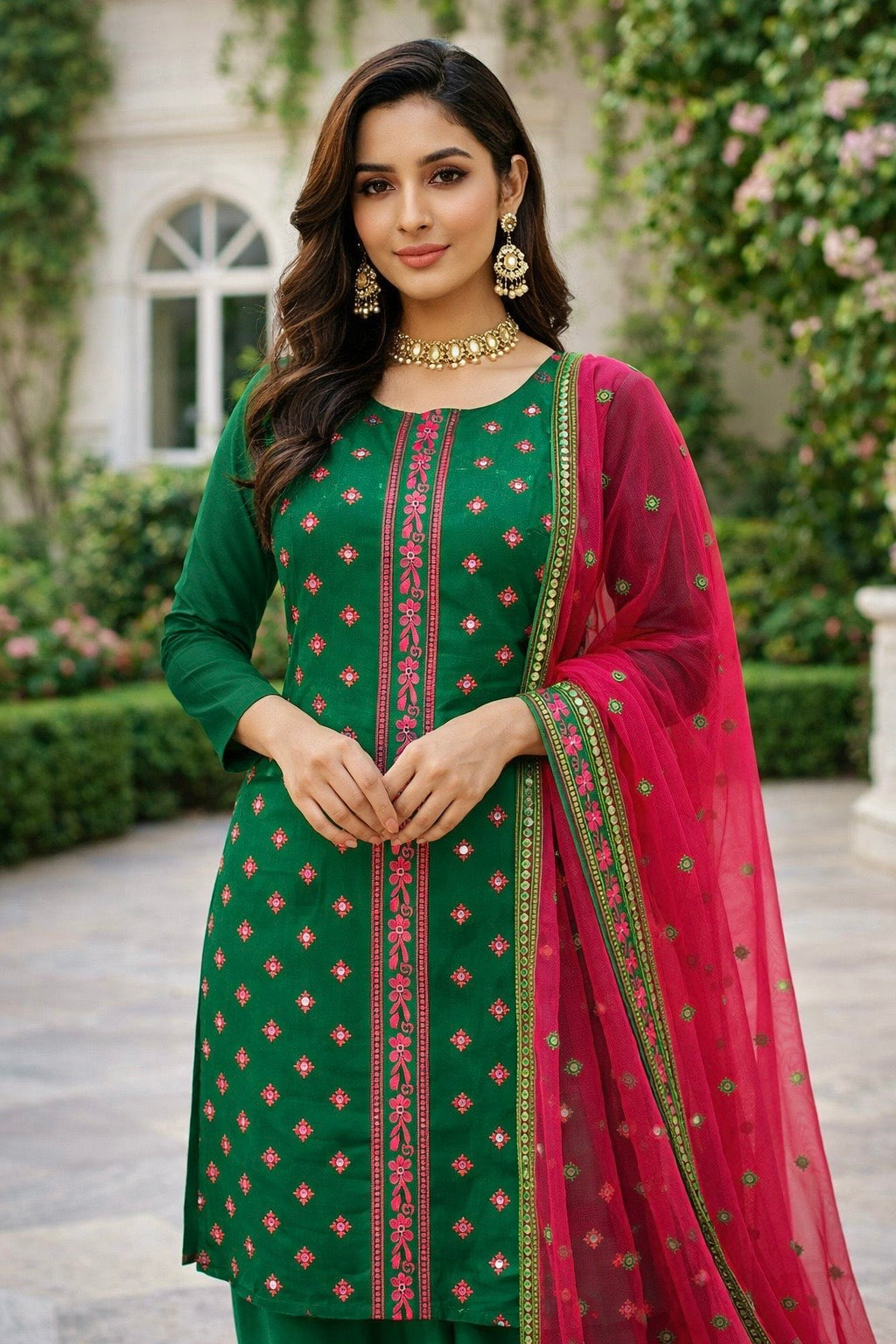 9MM Sitara Front Panel Embroidery 3-Piece Unstitched Suit with Chiffon Dupatta