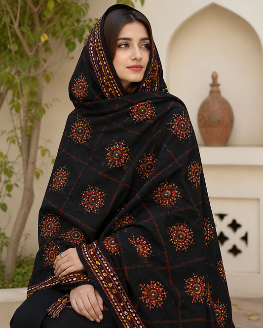 9MM Sitara Thick Thread Heavy Bunches Embroidery with Two Side Border - Swiss Lawn Chadar