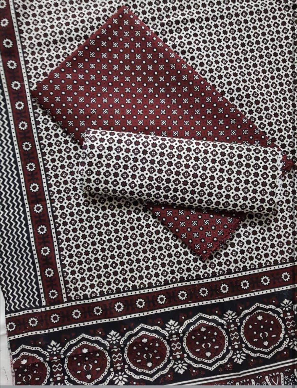 Ajrak Block Print Cotton Fabric Printed Shirt, Dupatta & Trouser | 3PC Unstitched Dress