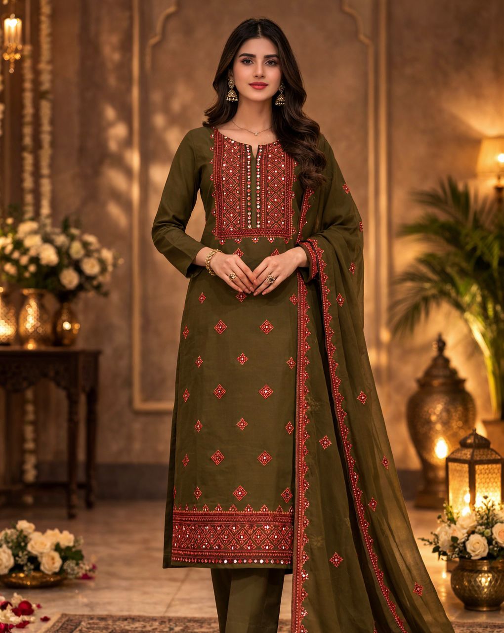 Soft Cotton 3-Piece Balochi Dress | Machine Embroidered Thick Thread & 9MM Sitara Work | Soft Chiffon Dupatta