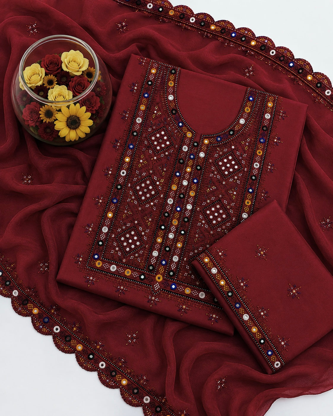 Balochi Thick Thread 9MM Sitara Work Machine Embroidered Soft Cotton with Two Side Cutwork Border Chiffon Dupatta - 3PC Unstitched Dress 👗
