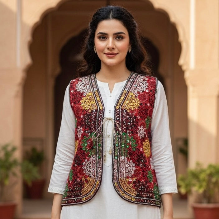 Ajrak Multi-Embroidered Ladies Koti – Traditional Sindhi Sitara Work